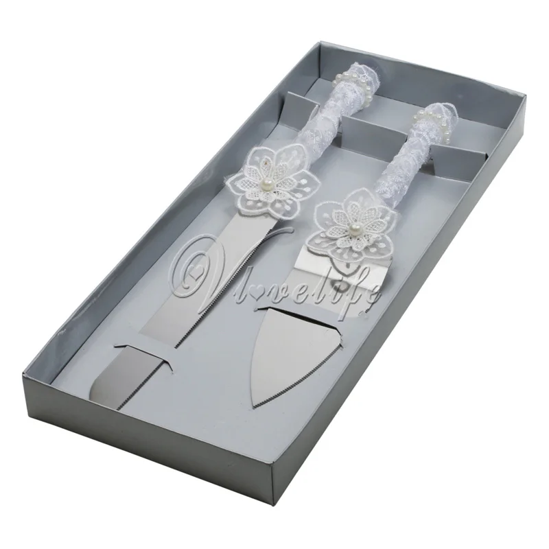 Stainless Steel Cake Cutter White Wedding Knife And Server Set Stainless Steel Cake Cutter White Wedding Knife And Server Set Lace Flowers Pearls With Gift Box For Favors Decor In Party Diy Decorations From
