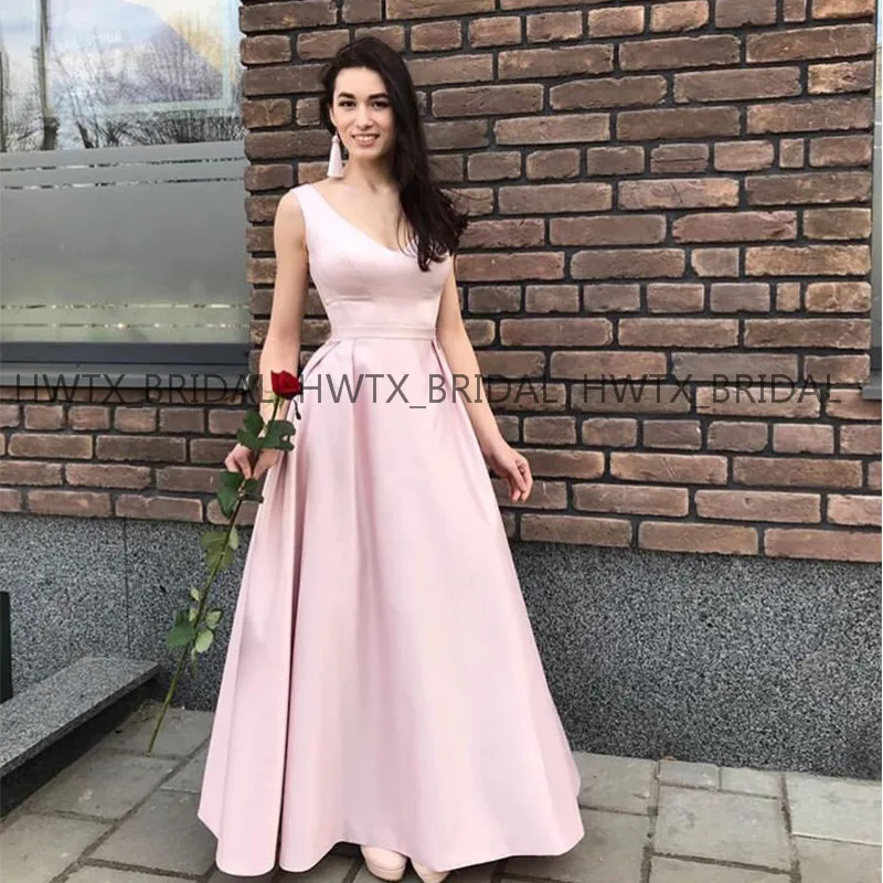 

Light Pink Long Prom Dresses 2019 Elegant A Line V Neck Cheap Floor Length Satin Formal Party Dress Vestidos de fiesta de noche