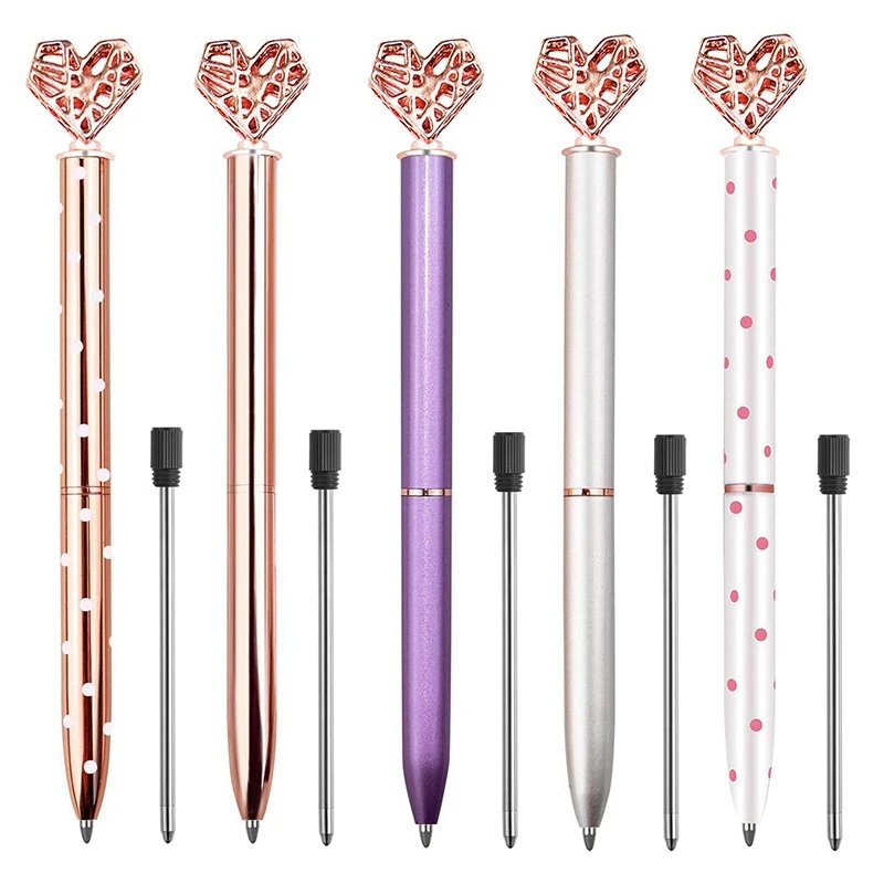 

5Pcs Big Crystal Diamond Pen,Heart Shaped Pen,Bling Metal Ballpoint Pen School and Office Supplies,Rose Gold/Silver/White/Purp