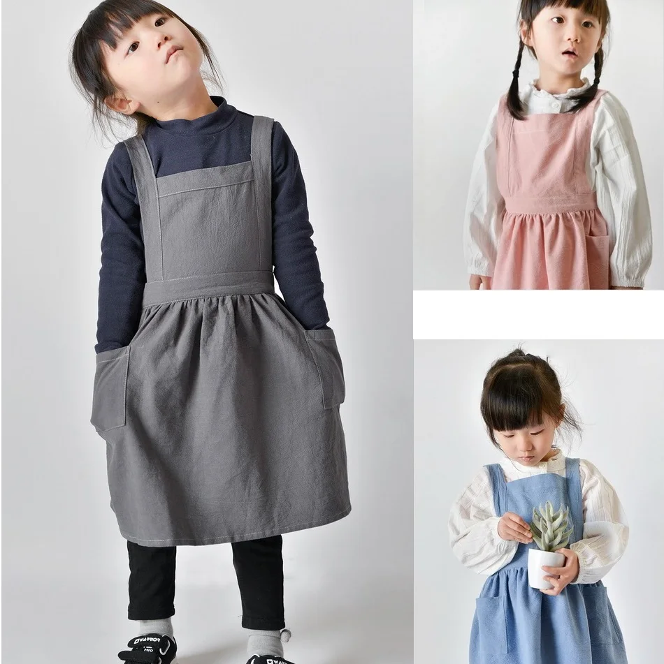 

2017 New Kids Skirt Aprons Simple Washed Cotton Uniform Unisex Aprons Drawing Cooking Gardening Multi Use