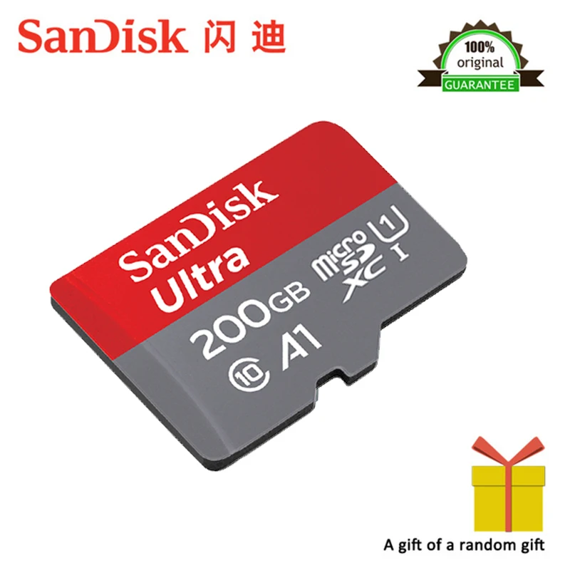 Карта памяти SanDisk A1, 200 ГБ, Micro TF/SD карта, класс 10, UHS-1, 200 ГБ, с адаптером SD,, оригинальная поддержка, официальная проверка