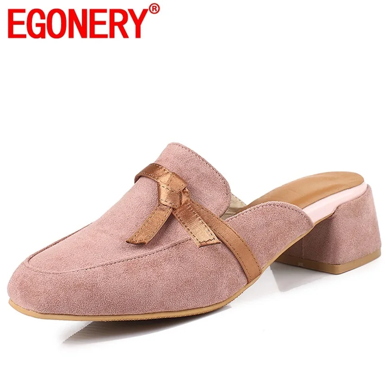 

EGONERY shoes woman summer new fashion square toe mixed colors flock woman slippers outside mid heels ladies sandals size 32-43