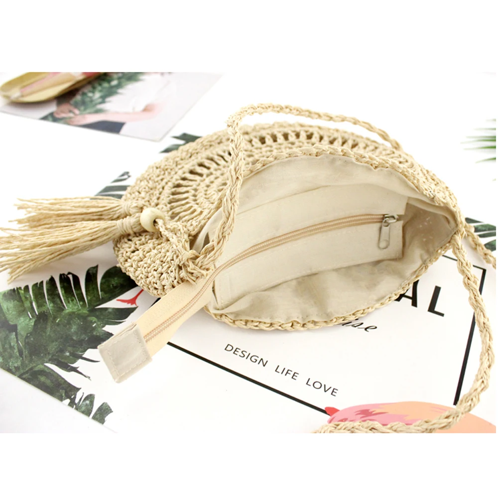 Women Straw Shoulder Bag Beach Style Round Handbag Vintage Tassel Messenger Purse