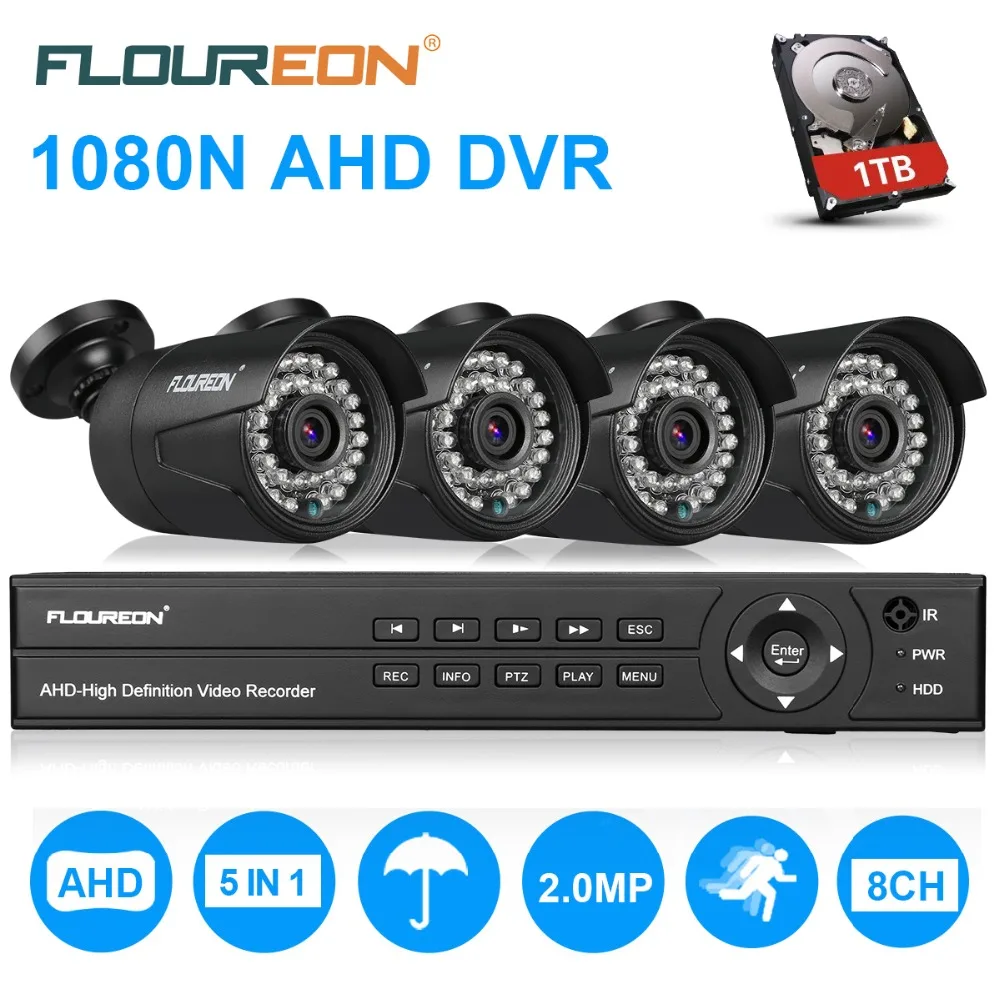 FLOUREON камера видеонаблюдения системы безопасности 8CH 5in1 1080N AHD DVR 4 шт. открытый 3000TVL