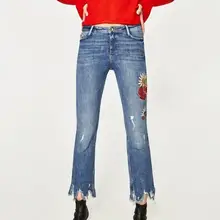 Осенние модные женские джинсы с вышивкой подсолнуха потертые рваные расклешенные брюки джинсы