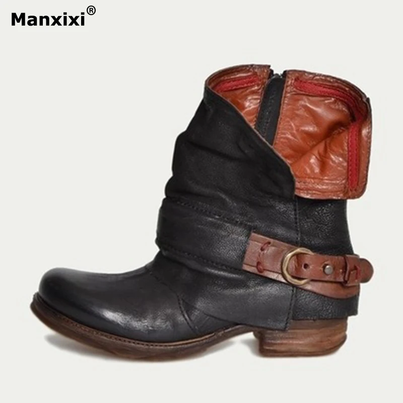 

2019 winter fashion women's boots shoes with thick low heels hot sale boots belt buckle metal side pull ankle boots for women