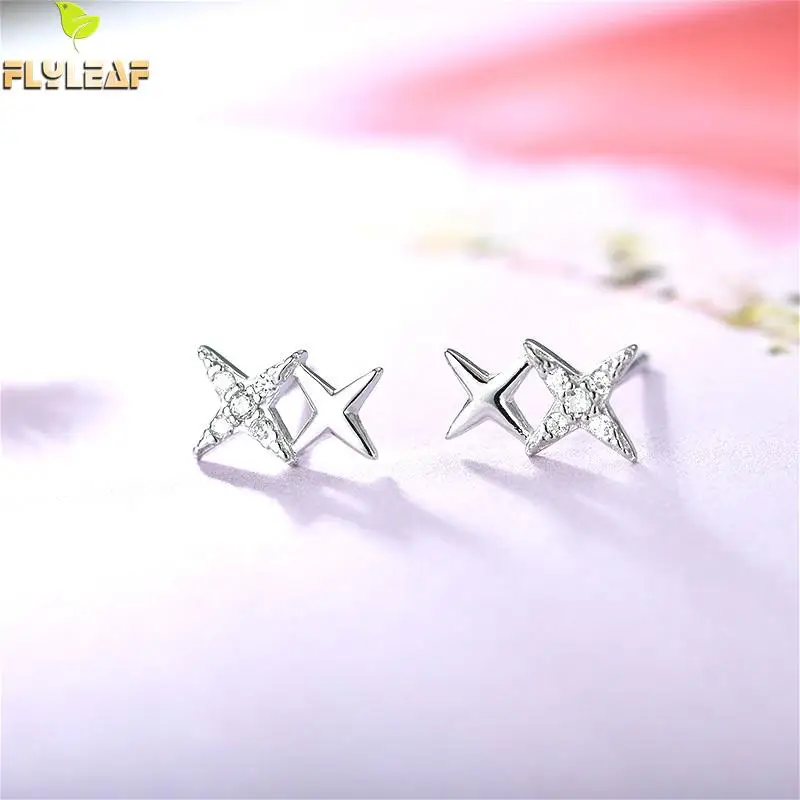 

Flyleaf 925 Sterling Silver Cubic Zirconia Double Star Stud Earrings For Women Prevent Allergy Lady Fashion Jewellery