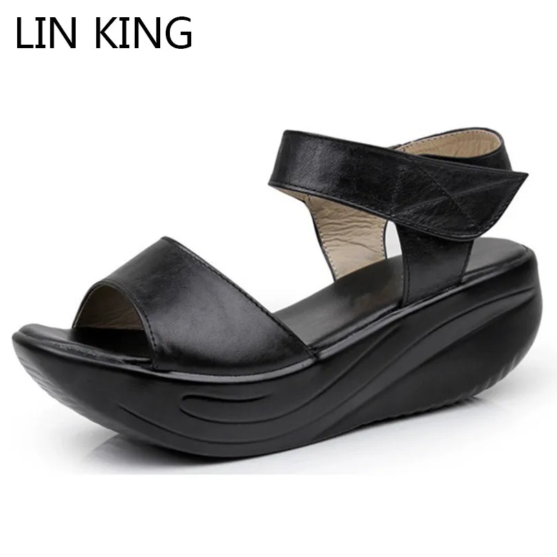 LIN KING/Модные женские босоножки на танкетке Однотонная обувь платформе