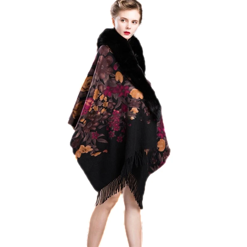 

Women's Winter Wraps Elegant 100% Real Wool and 100% Real Fox Fur Cape with the Pattern of the Flowers Shawl Coat
