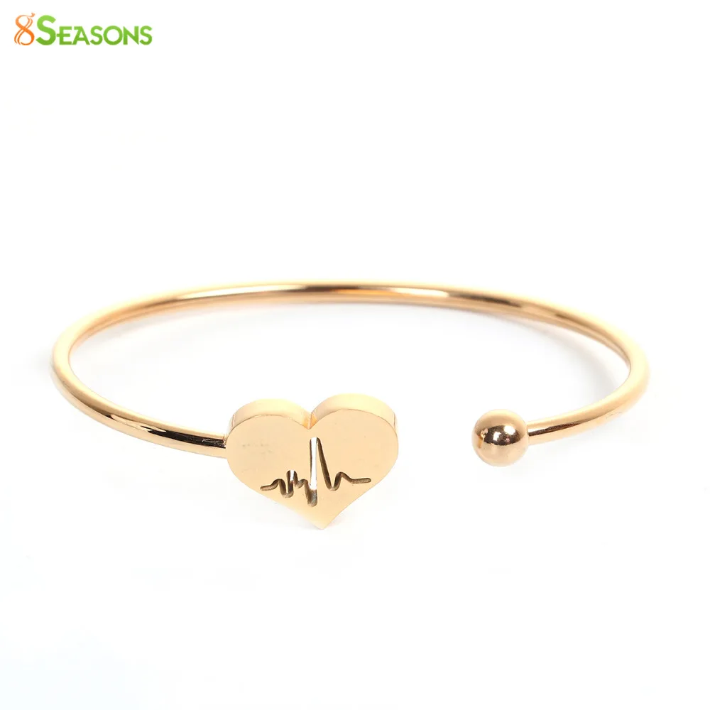 

8SEASONS Stainless Steel Open Cuff Bangles Bracelets Gold Color Heart Heartbeat Electrocardiogram Elastic 18cm(7 1/8"), 1 Piece