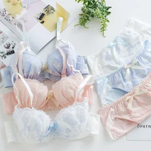 Комплект японского кружевного бюстгальтера и трусиков с цветочной вышивкой, 3 цвета, мягкое нижнее белье с эффектом пуш-ап, комплект нижнего белья в Стиле Лолита