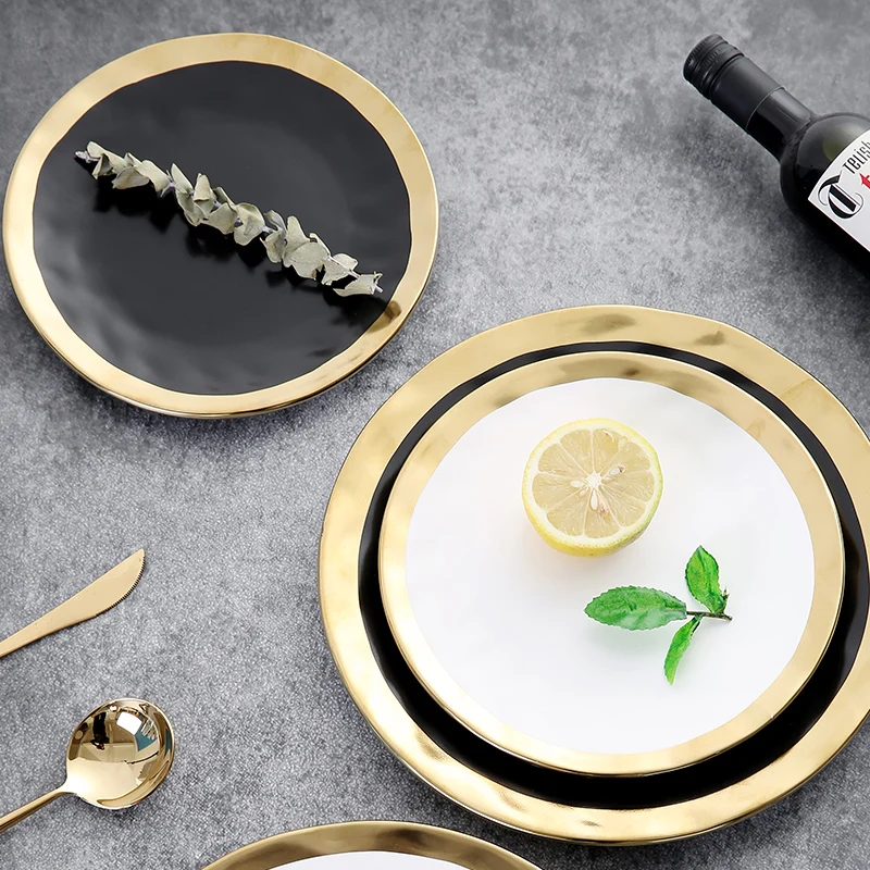 

European Black and Gold Tableware Set Service Plate Sets Kitchen Appliances Kitchen SuppliesPorcelain Plate 8 Inch / 10 Inch