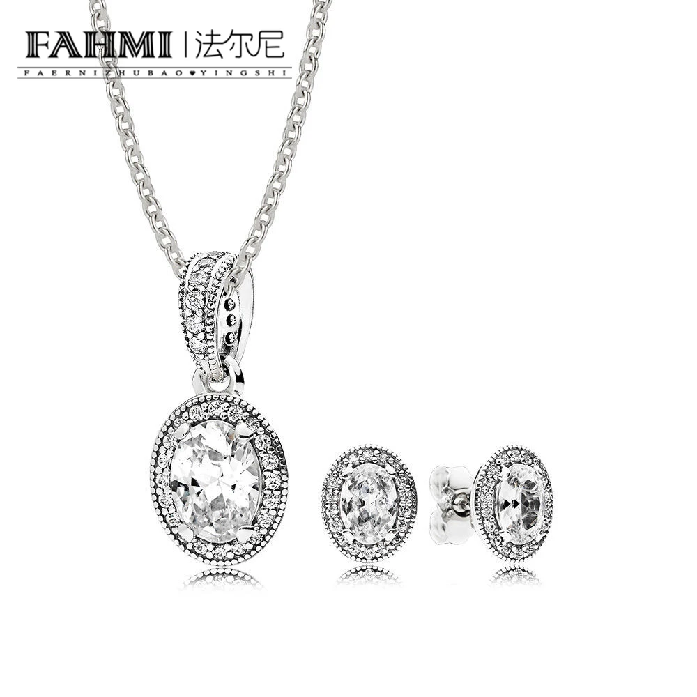 

FAHMI 100% 925 Sterling Silver Elegant Sparkling Crystal Zircon 296247CZ VINTAGE ELEGANCE EARRING STUDS Necklace Set CS1716
