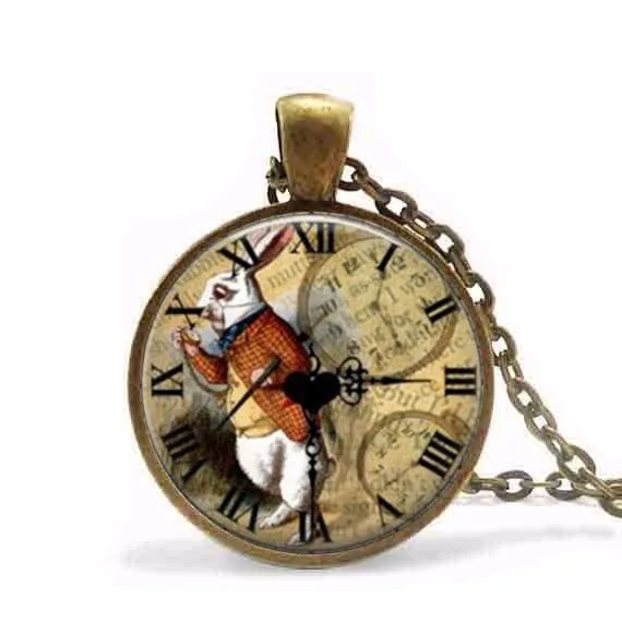 

Alice in Wonderland Necklace rabbit watch pendant Fairytale girl chain Jewelry women men gift vintage antique charm