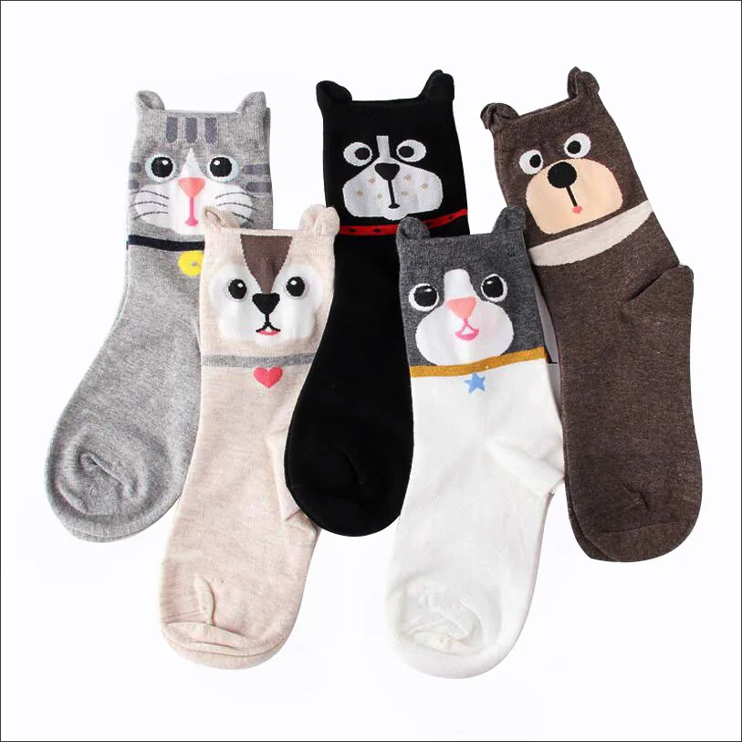 5 пар, новые женские красивые хлопковые носки, носки с рисунками из мультфильмов, дышащие носки без пота для женщин и девочек, с котенком, щенками, носки с совами