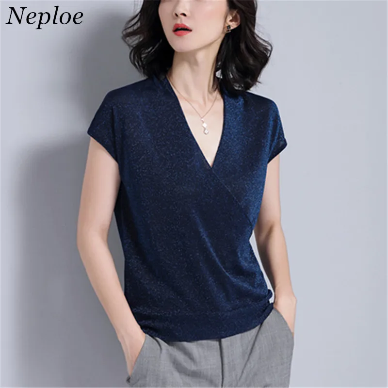 Neploe Ice Silk Knitted Female T Shirt Solid V neck Short Sleeve T