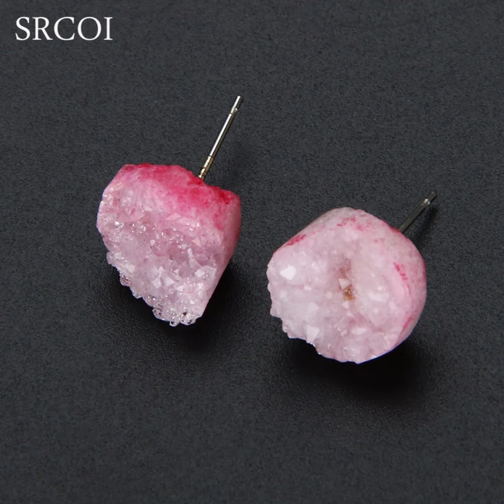 

SRCOI Fashion 7 Colors Silver Plated Round Shape Druzy Earrings Stud Titanium Pink White Druzy Natural Stone Earrings Jewelry