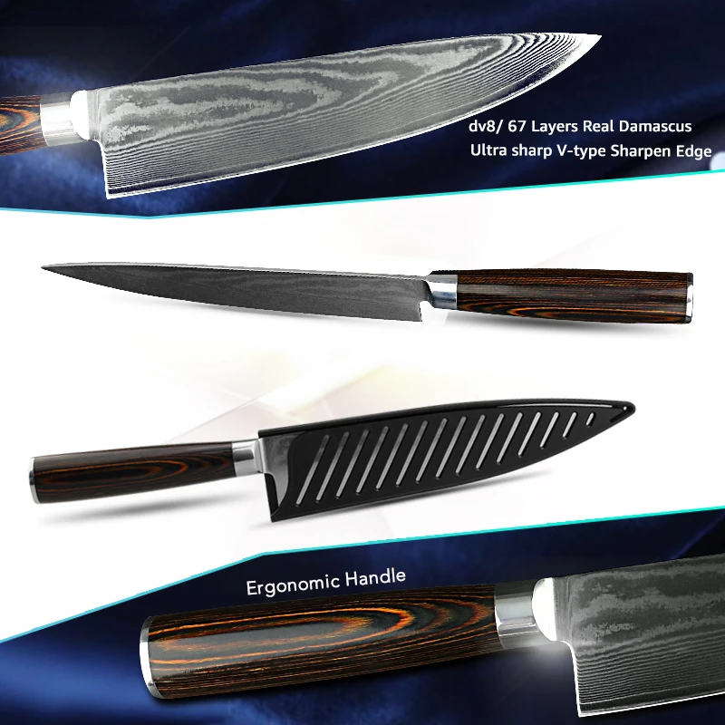 Дамасский нож, кухонные ножи, японский нож шеф-повара сантоку, 67 слоев, Дамасские Ножи из нержавеющей стали, ультра острые ручки Pakka