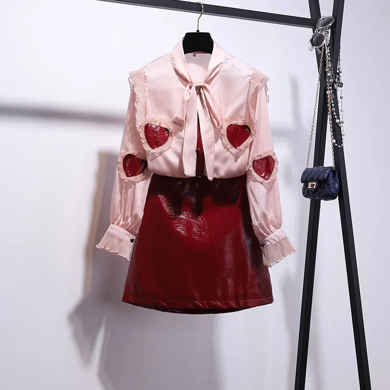 2019 Spring Autumn Women heart-shaped Long Sleeve Bow Shirts + PU Red Skirt 2 pcs sets Female Beautiful Dresses A643 | Женская одежда