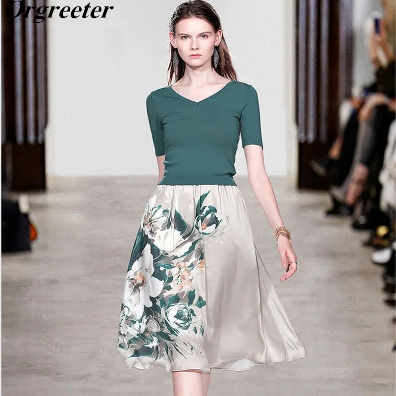 

2019 Summer New V-neck Green Knitted Tops + Elegant Flower Print Mid-calf Skirt 2 Piece Set Women Outfits OL Work wear Sets