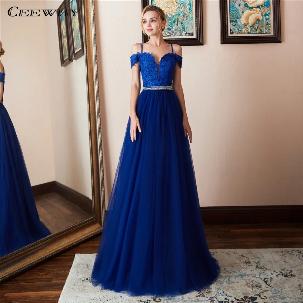 CEEWHY Спагетти ремень Аппликация «сердце» платье выпускного вечера с открытыми плечами бисерные вечерние платья длинное синее Формальное вечернее платье