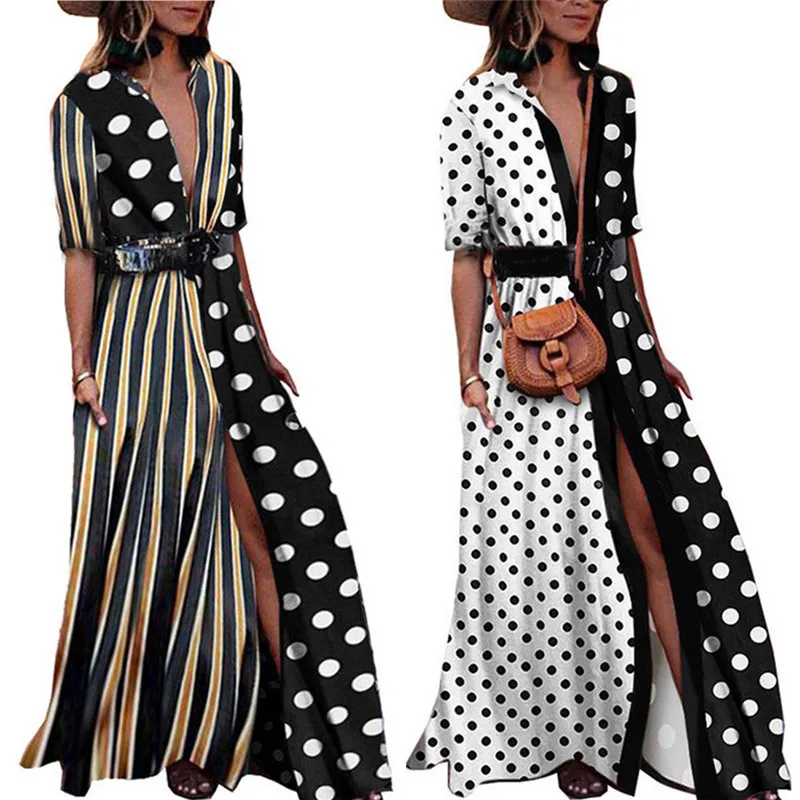 Женское длинное Макси-Платье с разрезом, в полоску, в горошек, плюс размер, для вечеринки, пляжный сарафан, половина рукава, платье с отворотом, с поясом, Vestido