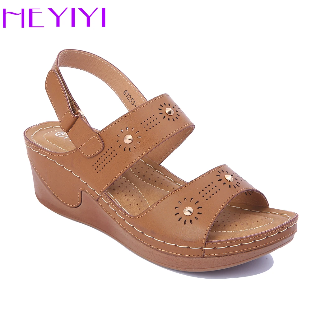 HEYIYI Women Sandals Wedge Casual Shoes Hool&loop Hollow Lightweight Platform Summer Sewing Comfortable Soft Insole Rome Shoes Women's Shoes