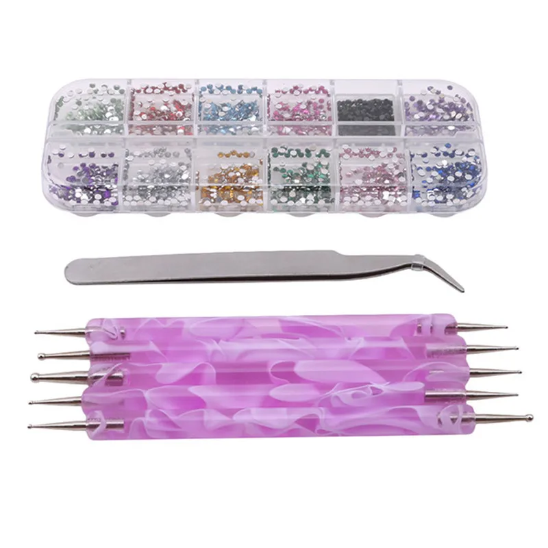 

New Charm Rhinestone Jewelry+Tweezers Suit Nail Art Decor+5pcs Nail Art Dotting Pen 12 Mixed Colors Wheel Design 3D Nail Art Tip