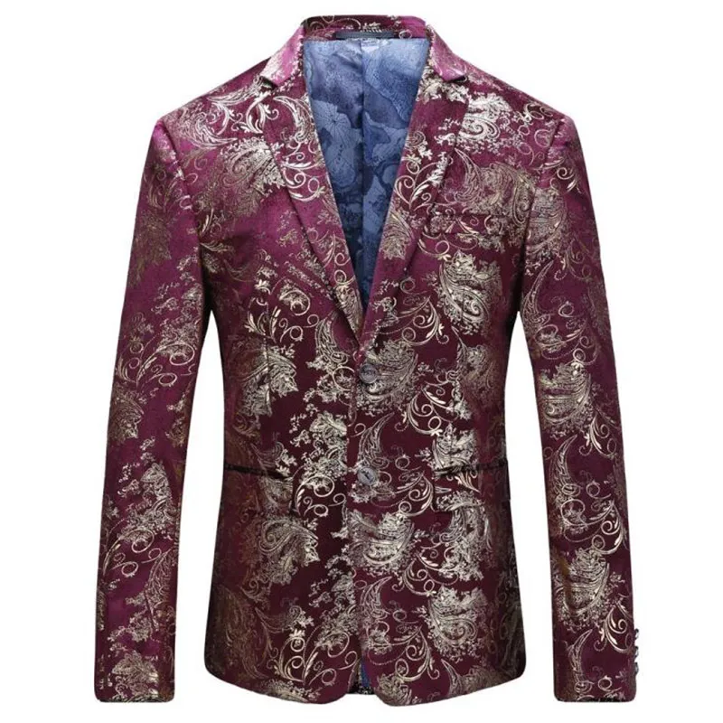 

Men One Button Gold Foil Stamping Golden Floral Printed DJ Club Stage Wedding Suit Slim Formal Fit Casual Men Blazer Leisure