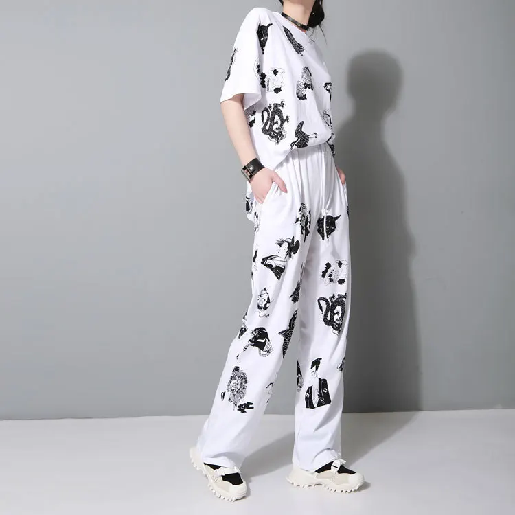 Women Men Summer 2 Piece Set (tshirt+pant) Female Streetwear Hip Hop Loose Casual Print Short Sleeve T Shirt Straight Trousers