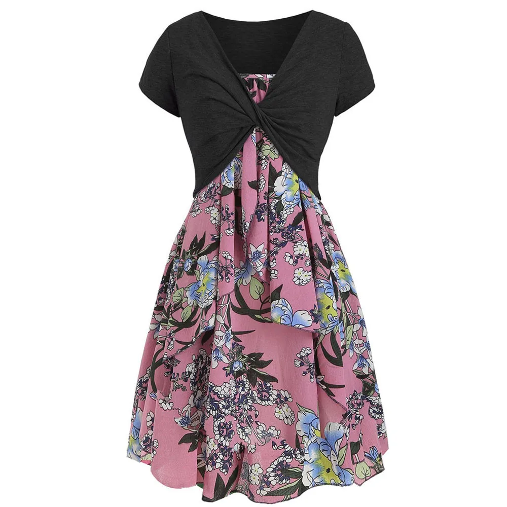 Модная футболка с v-образным вырезом и платье, женское платье, Повседневное платье с коротким рукавом и цветочным рисунком, платье с укороченным платьем,, D4