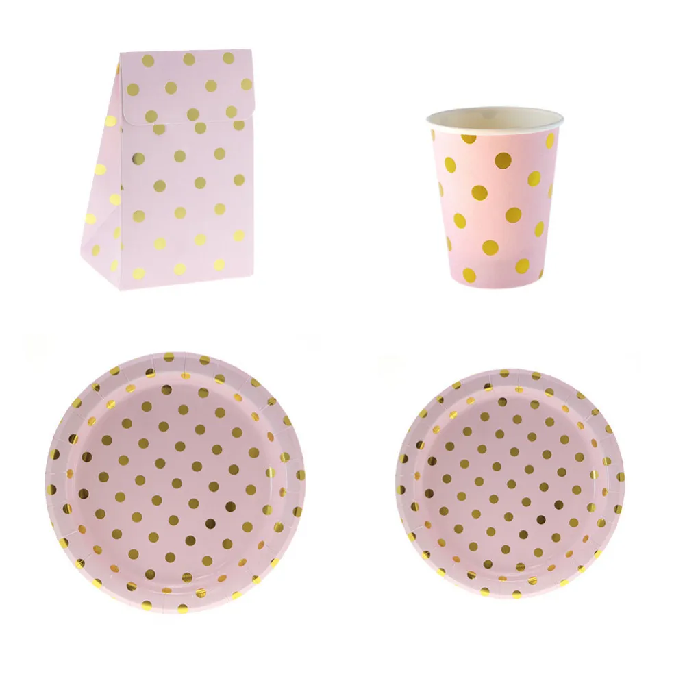 Gold Dot Pink Disposable Paper Tableware Sets Plates Cups Utensils Gift Bags Plate Wedding Birthday Party Decor | Дом и сад