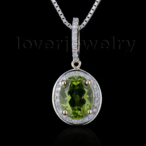 

August New Fancy Oval 7x9mm 14Kt Yellow Gold Natural Diamond Peridot Wedding Pendant E2