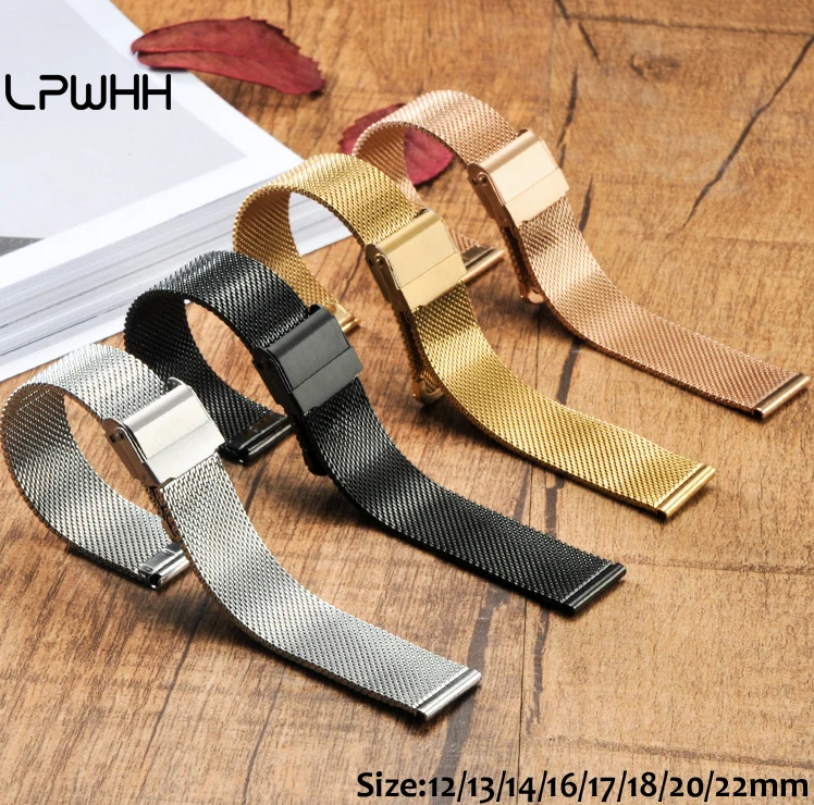 

LPWHH Stainless Steel Mesh Strap Watch Accessories 20mm 22mm Men's Watch Band 12 13 14 16 18mm Easy Install Metal Buckle Straps
