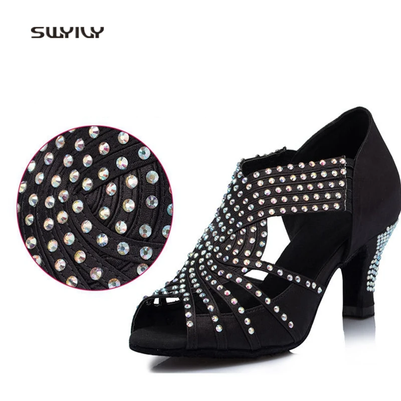 SWYIVY Women Latin Dance Shoes Rhinestone Lady Ballroom Dance Shoes 2018 High Heel 6cm Large Size41 Female Square Dance Shoes