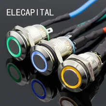 1 pc 12mm com led 3 v 5 v 12 v 24 v 220 v interruptor de botão de metal momentâneo botão automático reset impermeável iluminado(China)