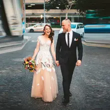 Robe De Soiree Elegant A-Line Bridesmaid Dress 2017 See Through Long Sleeve Tulle with Appliques Scoop Vestido Longo De Festa