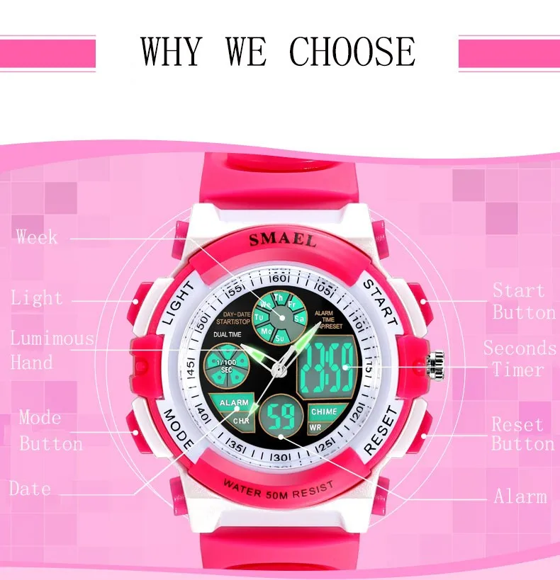 SMAEL детские 50 м водонепроницаемые часы милые детские спортивные Мультяшные часы для девочек и мальчиков резиновый ремешок цифровой светодиодный наручные часы Reloj