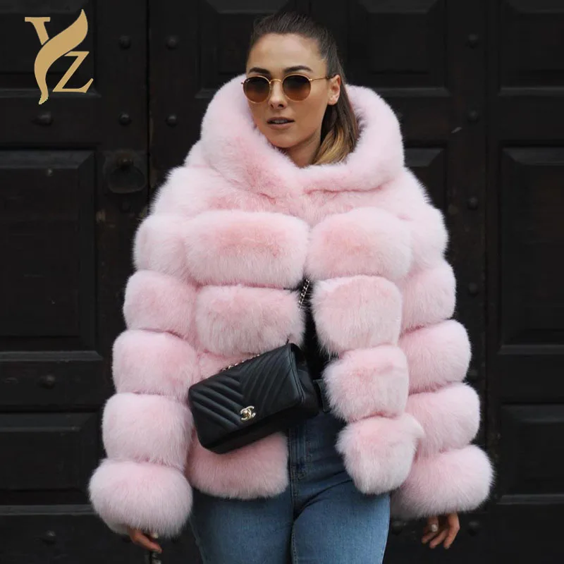 

2018 Trendy Hot Short Fur Coats For Women Real Fur Fox Furs Jacket With Warm Thick Hooded Winter Outerwear All-match Women Tops