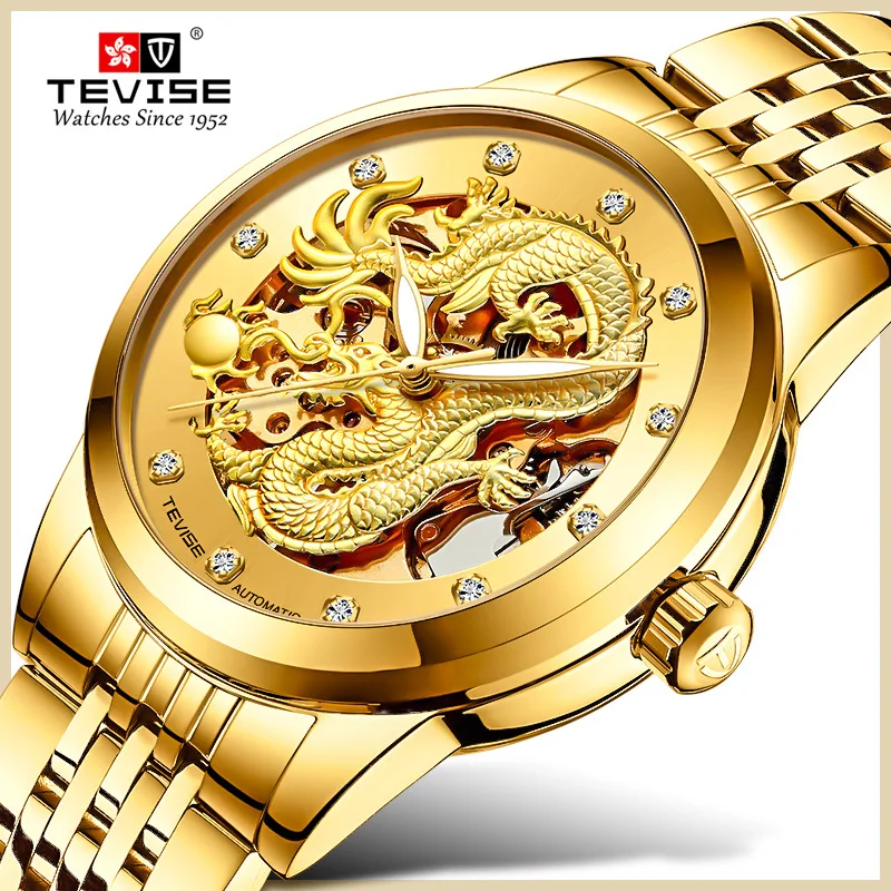 

Men's Watch Skeleton Hollow Golden Dragon Mechanical Watch Automatic Winding Waterproof TEVISE Relogio Automatico Masculino