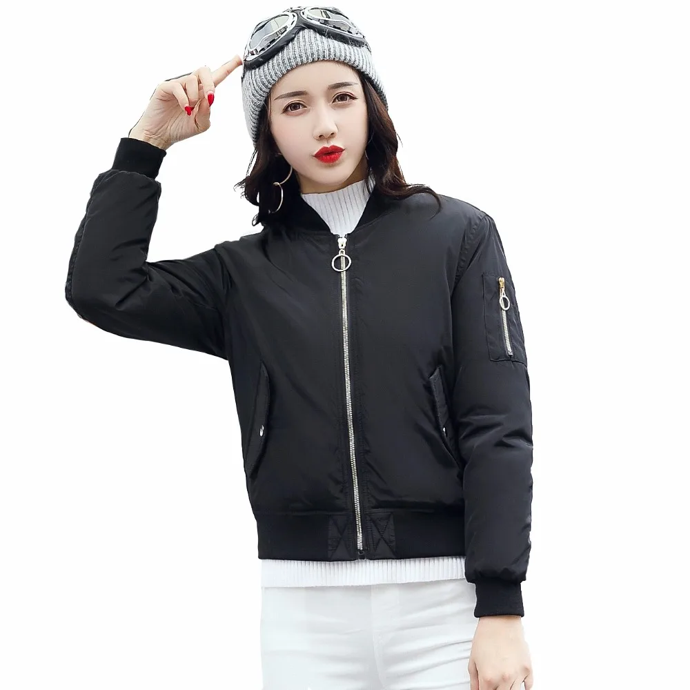 2017 Winter Casual Black Cotton Padded Bomber Jacket Women in Basic