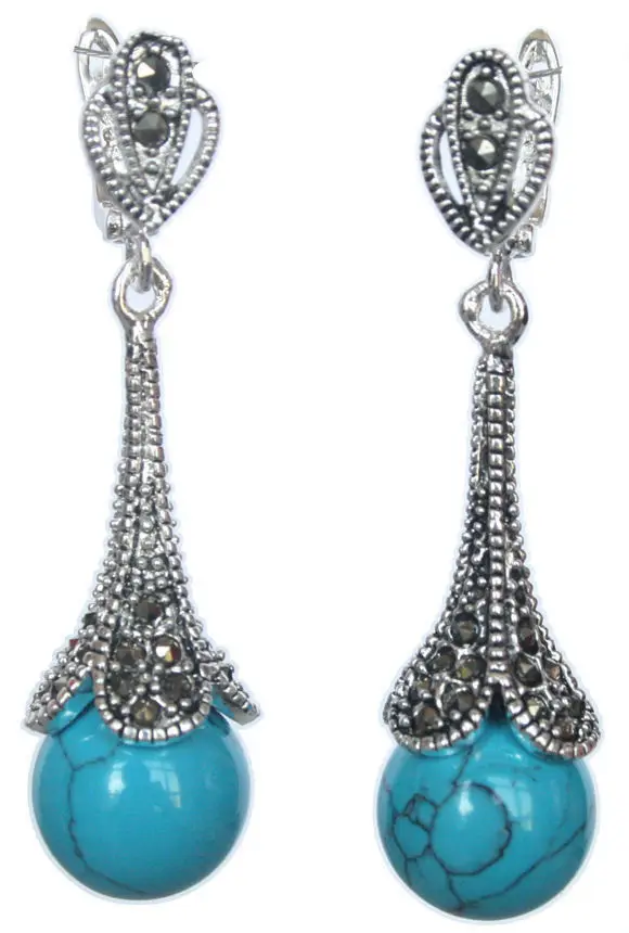

FREE SHIPPING>>> Free shipping Pair Marcasite 925 Sterling Silver with Blue Turquoise Dangle Earrings 1 4/5