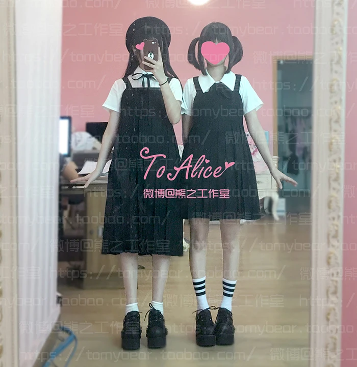 

Cute Girls Preppy Style Japanese Uniform JK Long Pleated Dress Sleeveless Tank Round Collar Black Dress 2 Length Style