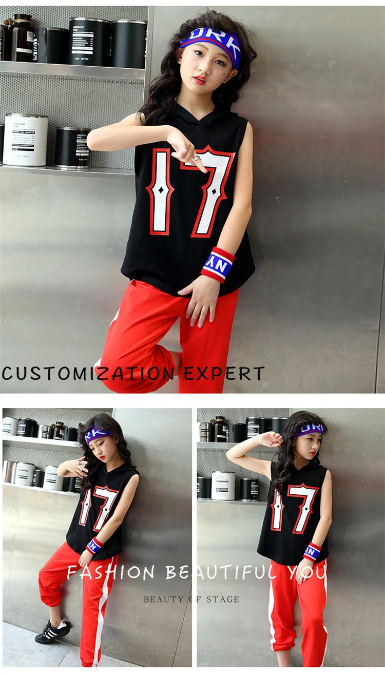Girls Black long Hoodie Top Sleeveless Red Jogger Pants Jazz Hip Hop Dance Clothes For Kids Teen Girls Summer Sport Suits (4)