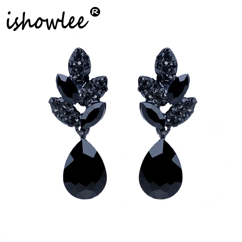 

ISHOWLEE Fashion Luxury Leaf Black Crystal Hanging Earrings for Women Wedding Simple Droplets New Arrival Earrings Jewelry bxb24