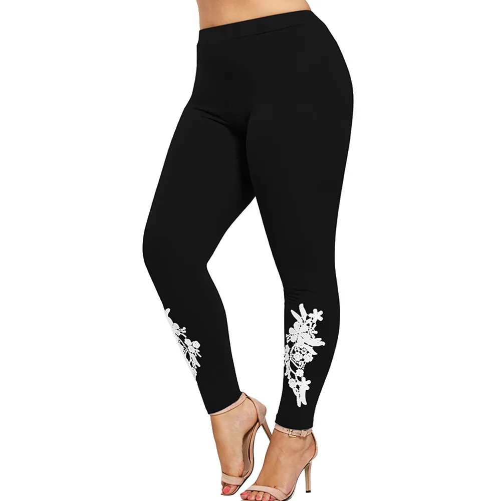 

Leggings Women Plus Size Lace Applique Elastic Fitness Leggings Trousers Sport Pants Black Sweatpants Clothes