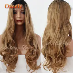 Oxeely натуральная блондинка Волнистые волосы синтетические Синтетические волосы на кружеве парики Ombre коричневый длинные волны парик