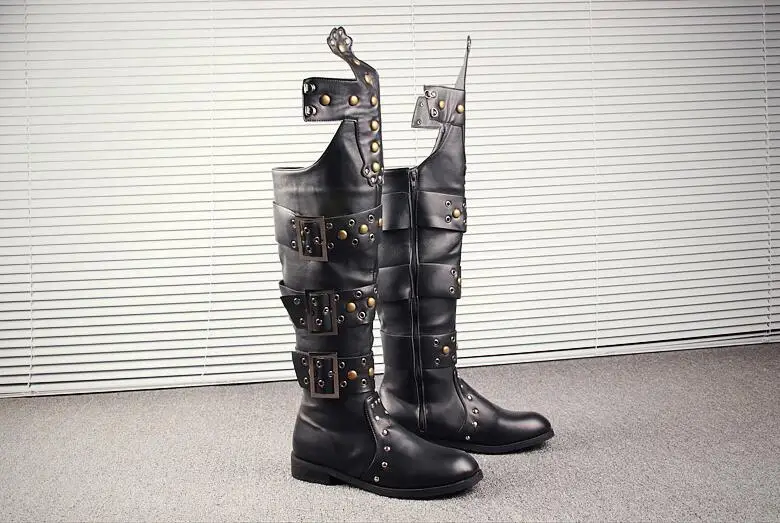 Knee High Boots Shoes Men Buckle Strap Rivets Punk Top Casual Martin Roman Flats Cut-Outs In elevator shoes | Обувь