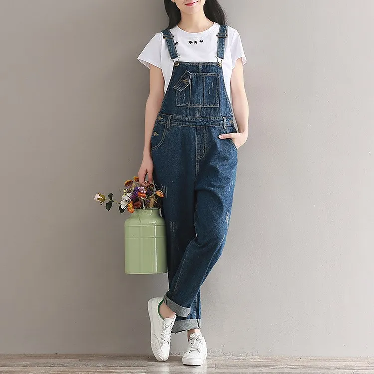 

Autumn Women Casual Jeans Jumpsuit Pockets Vintage Overalls Denim Romper Long Trousers Vaqueros Wide Leg Rompers Female