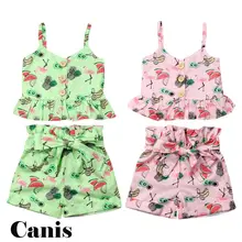 Новая летняя одежда для маленьких девочек майка с фламинго, топы, шорты с бантом